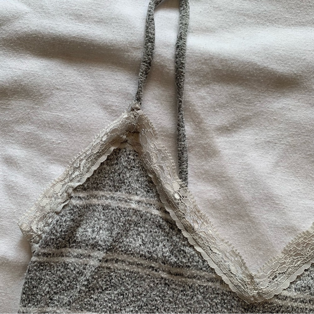 Striped Knit Lace-Trim Cami Top - Gray & Cream - Picture 3 of 5